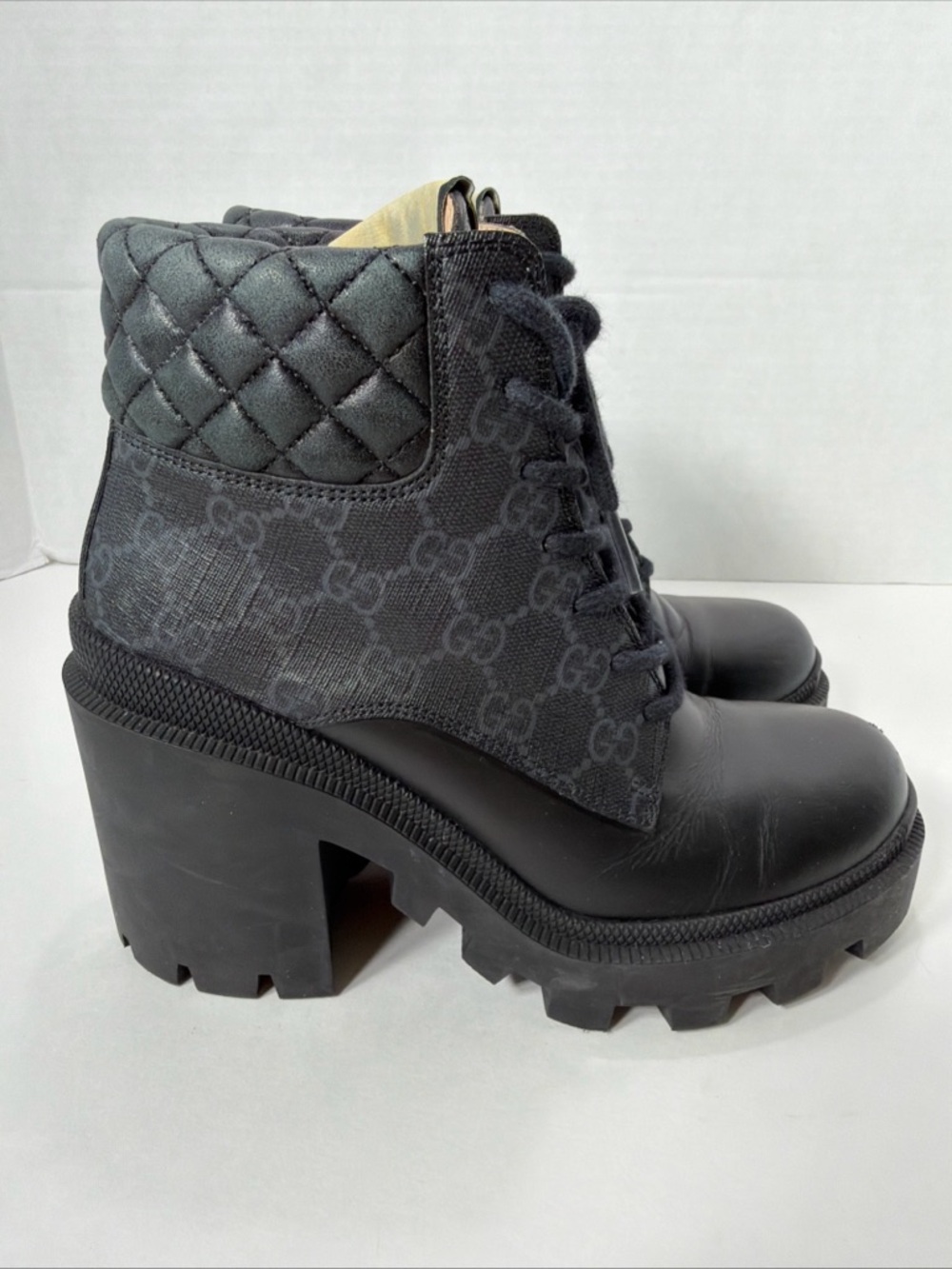 Gucci APOLLO CALFSKIN GG SUPREME NAPPA SAMOA QUILTED LACE UP ANKLE BOOTS 36.5 - Picture 2 of 16